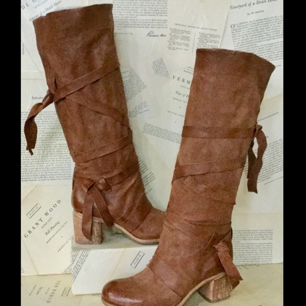 AS 98  Leather Wrap Tie Pull On Tall Heel Boots 39 - Picture 3 of 8